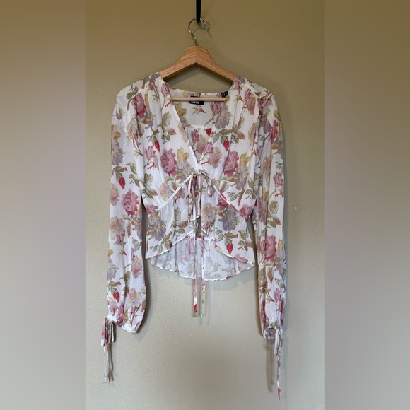 The Kooples Floral Printed Silk Ruffle Long Sleeve Top NWT 2 Medium $395 - Picture 2 of 10
